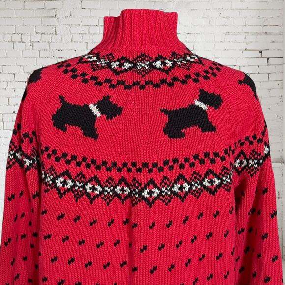 Vtg Coldwater Creek Scotty Dog Sweater Sz L Red Black Fair Isle Nordic 1/4" Zip - Picture 6 of 8